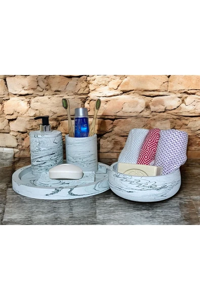Doğal Mermer Yüzeyli Beton Banyo Aksesuar Seti (5 Parça) - 2