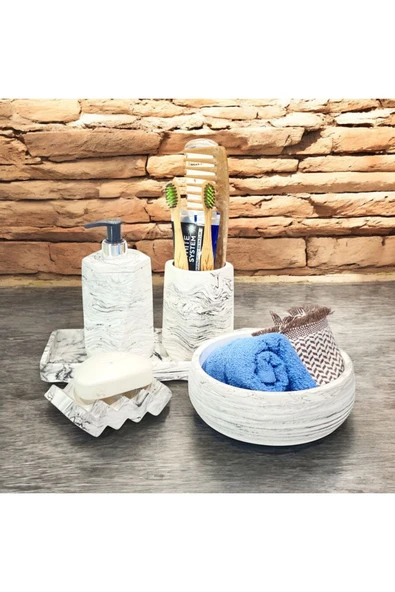 Doğal Mermer Tonlarında Beton Banyo Aksesuar Seti (5 Parça) - 4