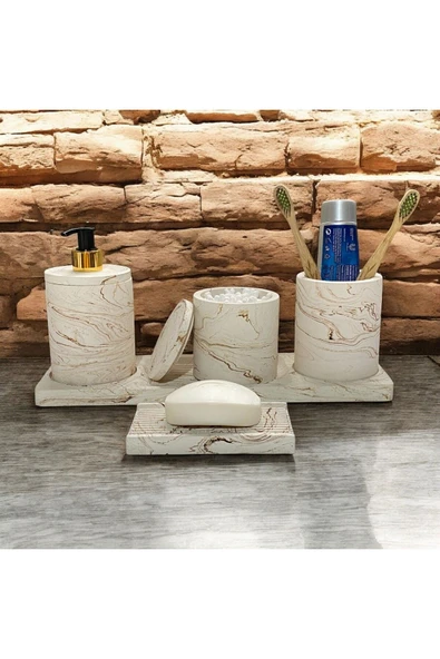 Çizgili Mermer Desenli Beton Banyo Aksesuar Seti (5 Parça) - 3
