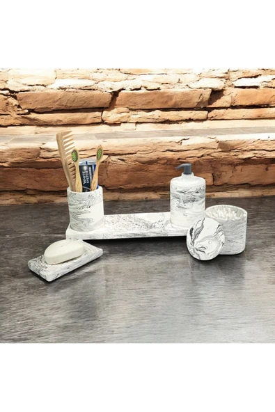 Çizgili Mermer Desenli Beton Banyo Aksesuar Seti (5 Parça) - 2