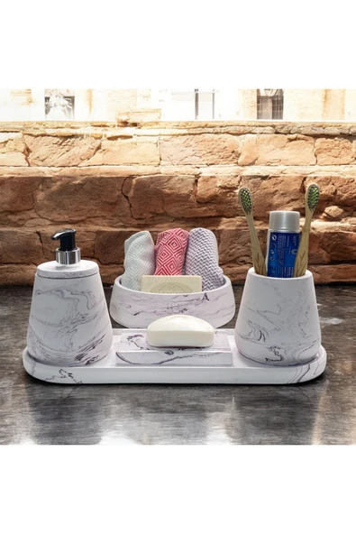 Estetik Görünümlü Mermer Desenli Banyo Seti -5 Parça - 2