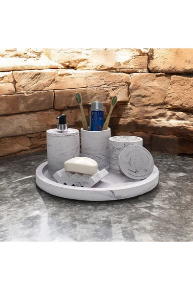 Endüstriyel Tarzda Mermer Desenli Beton Banyo Aksesuar Seti (5 Parça) - 2