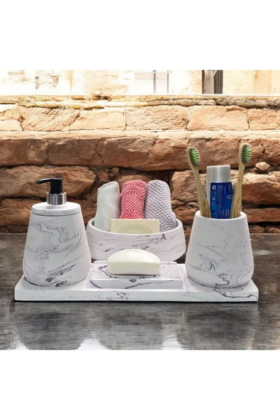 Doğal Görünümlü Mermer Esintili Beton Banyo Aksesuar Seti (5 Parça) - 2