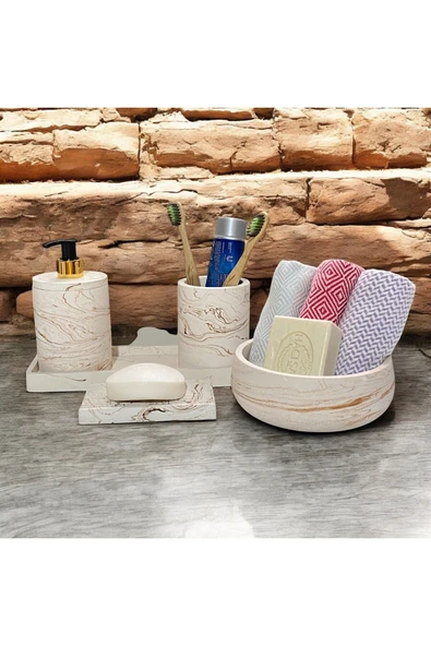 Doğal Mermer Temalı Beton Banyo Aksesuar Seti (5 Parça) - 2