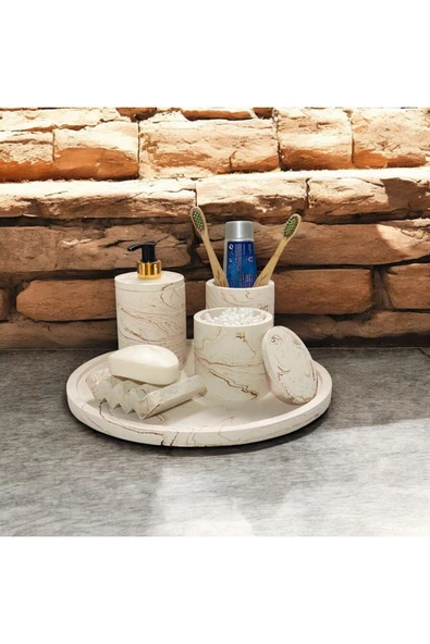 Endüstriyel Tarzda Mermer Desenli Beton Banyo Aksesuar Seti (5 Parça) - 3