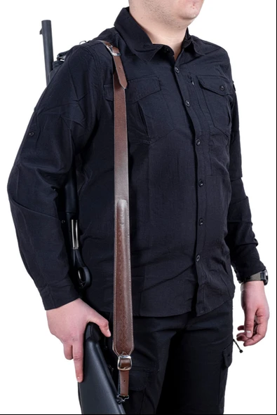 Tüfek Askı Kayışı - Savage - Lüks Deri - Koyu Kahve - Resim 4