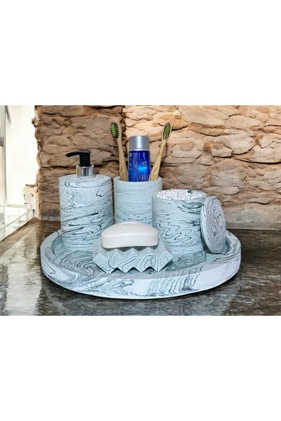 Endüstriyel Tarzda Mermer Desenli Beton Banyo Aksesuar Seti (5 Parça) - 5