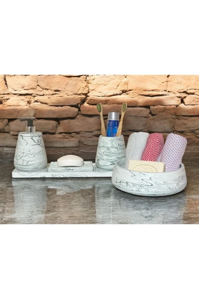 Doğal Görünümlü Mermer Esintili Beton Banyo Aksesuar Seti (5 Parça) - 5