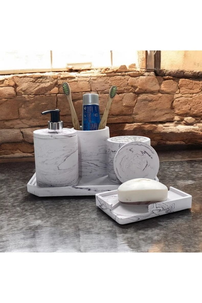 Elegan Mermer Desenli Beton Banyo Aksesuar Seti (5 Parça) - 4