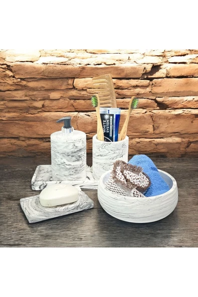 Doğal Mermer Temalı Beton Banyo Aksesuar Seti (5 Parça) - 4