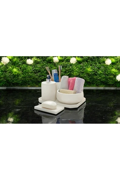 Geometrik Mermer Desenli Beton Banyo Aksesuar Seti (5 Parça) - 5