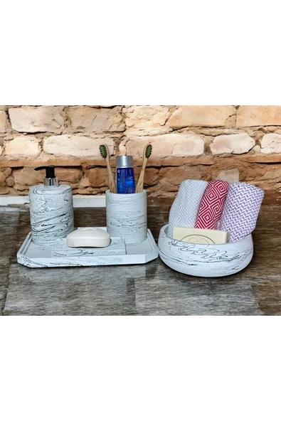 Geometrik Mermer Desenli Beton Banyo Aksesuar Seti (5 Parça) - 2