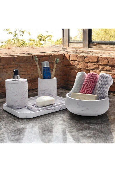 Geometrik Mermer Desenli Beton Banyo Aksesuar Seti (5 Parça) - 3