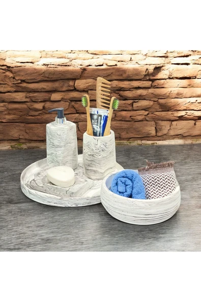 Estetik Mermer Dokusuyla Süslenmiş Beton Banyo Aksesuar Seti (5 Parça) - 2