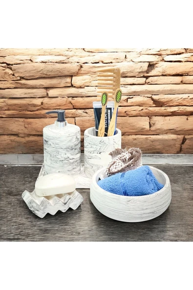 Göz Alıcı Mermer Dokulu Beton Banyo Aksesuar Seti (5 Parça) - 4