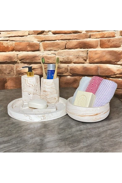 Estetik Mermer Dokusuyla Süslenmiş Beton Banyo Aksesuar Seti (5 Parça) - 5