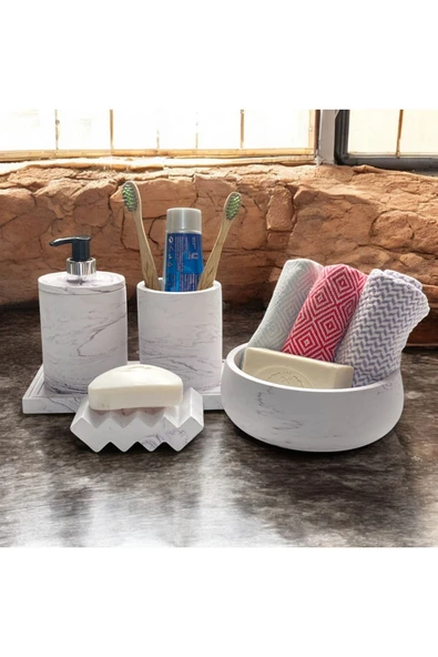 Göz Alıcı Mermer Dokulu Beton Banyo Aksesuar Seti (5 Parça) - 3