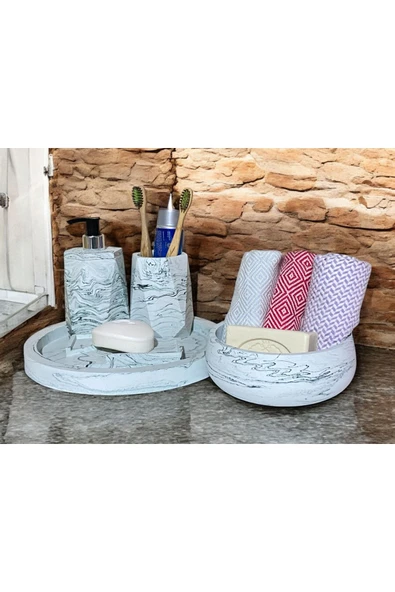 Estetik Mermer Dokusuyla Süslenmiş Beton Banyo Aksesuar Seti (5 Parça) - 3