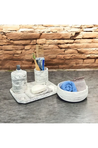 Geometrik Mermer Desenli Beton Banyo Aksesuar Seti (5 Parça) - 4