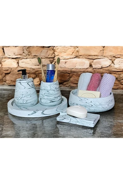 Lüks Mermer Desenli Beton Banyo Aksesuar Seti (5 Parça) - 4