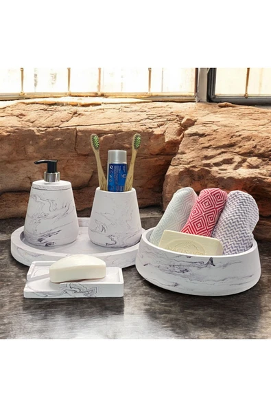 Lüks Mermer Desenli Beton Banyo Aksesuar Seti (5 Parça) - 2