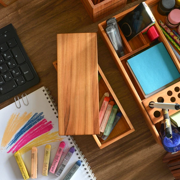 Woodsaka 3Line Yatay Kalemlik - Takı ve Araç & Gereç Saklama Kutusu - Kapaklı - Kiraz - 9