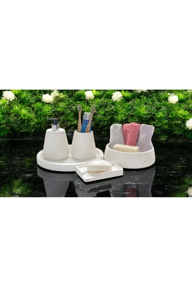 Lüks Mermer Desenli Beton Banyo Aksesuar Seti (5 Parça) - 3