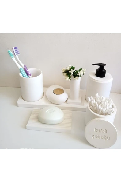 Marble Kırık Beyaz Beton Banyo Seti Tuvalet Wc Sıvı Sabunluk Diş Fırçalığı Beton Aksesuar Takım - 2