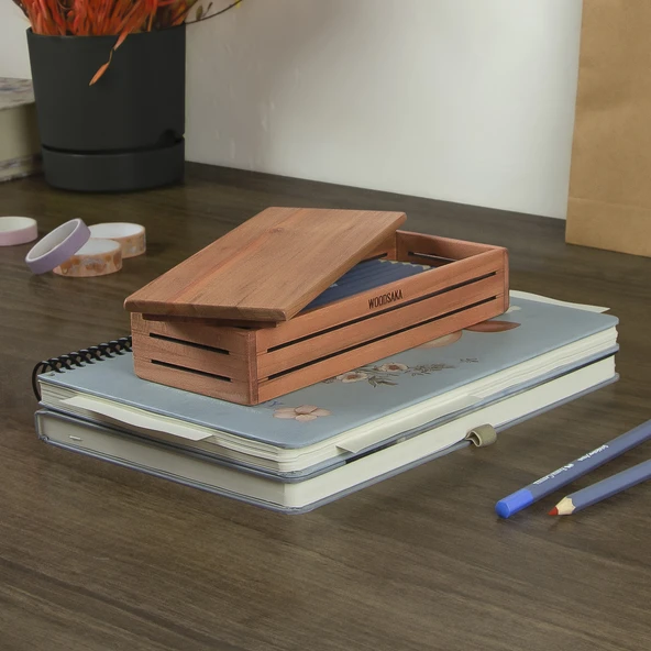 Woodsaka 3Line Yatay Kalemlik - Takı ve Araç & Gereç Saklama Kutusu - Kapaklı - Kiraz - 7