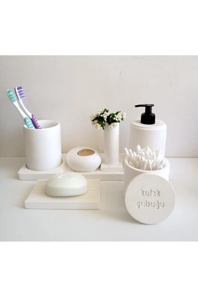Marble Kırık Beyaz Beton Banyo Seti Tuvalet Wc Sıvı Sabunluk Diş Fırçalığı Beton Aksesuar Takım - 3