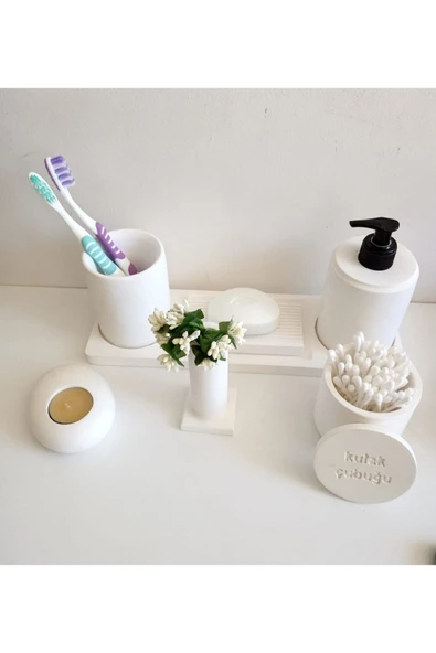 Marble Kırık Beyaz Beton Banyo Seti Tuvalet Wc Sıvı Sabunluk Diş Fırçalığı Beton Aksesuar Takım - 4