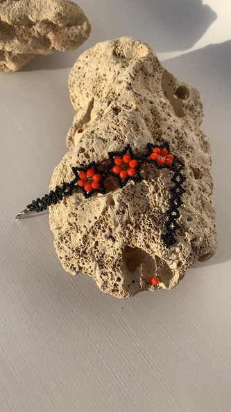 Turuncu Ve Siyah Renkli Yıldız Desenli Miyoki Boncuk Bileklik El Yapımı Hediyelik - 2