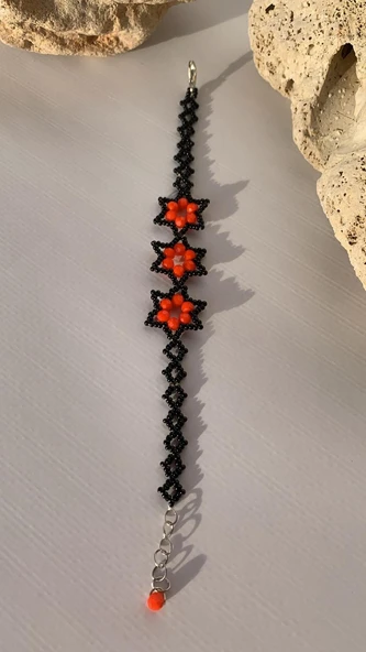 Turuncu Ve Siyah Renkli Yıldız Desenli Miyoki Boncuk Bileklik El Yapımı Hediyelik - 6