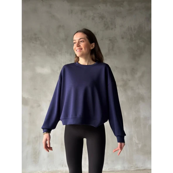 Osy Modal Yumuşak Dokulu Kumaş Bisiklet Yaka Oversize Sweatshirt - Lacivert - 2