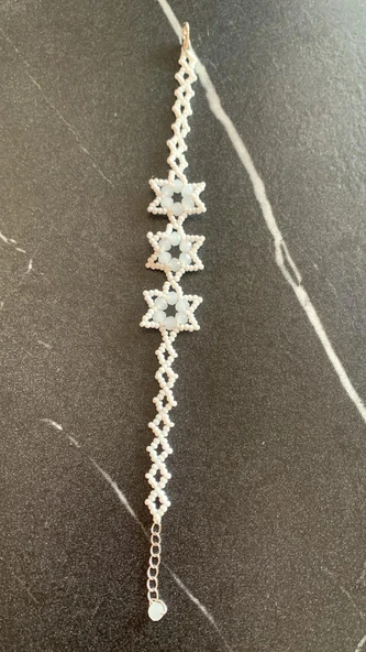 Mat Beyaz Ve Parlak Beyaz Renkli Yıldız Desenli Miyoki Boncuk Bileklik El Yapımı Hediyelik - 4