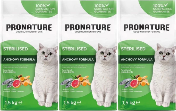 Pronature Hamsili ve Pirinçli Kısırlaştırılmış Yetişkin Kedi Maması 1,5Kg * 3 Adet