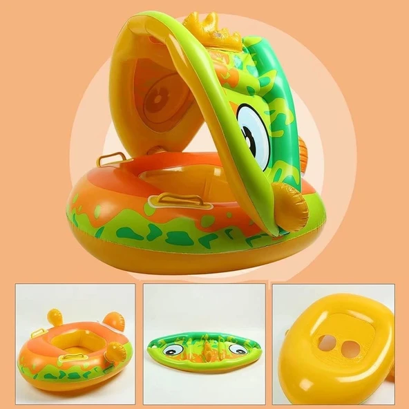 DİNOZOR ŞEKİLLİ BABY FLOAT  BEBEK YÜZME SİMİDİ GÜNEŞLİKLİ KAPANIR AÇILIR DİNO YEŞİL - 3