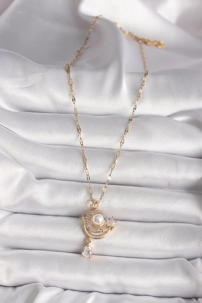 316L Gold Renk Zirkon Taşlı Ay Yıldız Model Sallantı Detay Kadın Kolye - EBJ250118W30733 - Resim 2