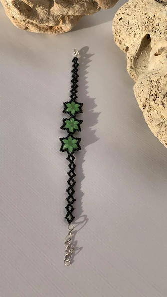 Yeşil Ve Siyah Renkli Yıldız Desenli Miyoki Boncuk Bileklik El Yapımı Hediyelik - 8