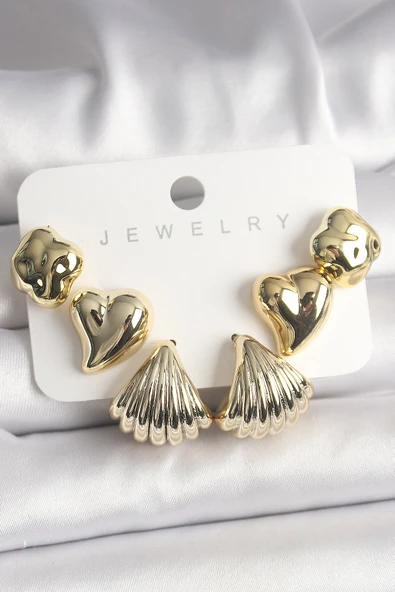 Gold Renk Yonca Kalp Deniz Kabuğu Figür CCB Kadın Küpe Seti - EBJ250118W30659 ürün görseli