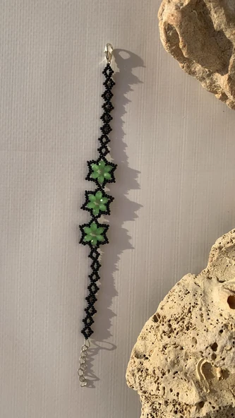 Yeşil Ve Siyah Renkli Yıldız Desenli Miyoki Boncuk Bileklik El Yapımı Hediyelik - 5
