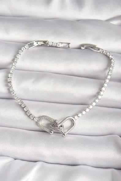 Pirinç Gümüş Renk Su Yolu Zirkon Taşlı Tiffany Model Kadın Bileklik - EBJ250118W30706