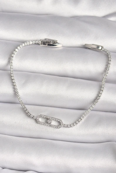 Pirinç Gümüş Renk Zirkon Taşlı Messika Model Kadın Bileklik - EBJ250118W30694 - 1