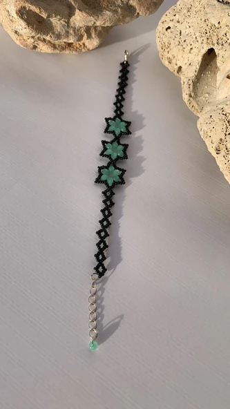 Su Yeşili Ve Siyah Renkli Yıldız Desenli Miyoki Boncuk Bileklik El Yapımı Hediyelik - 5