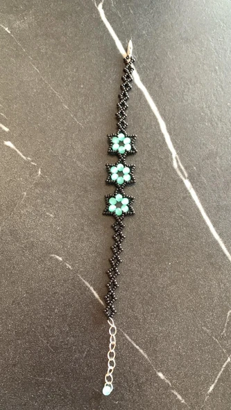 Su Yeşili Ve Siyah Renkli Yıldız Desenli Miyoki Boncuk Bileklik El Yapımı Hediyelik - 6