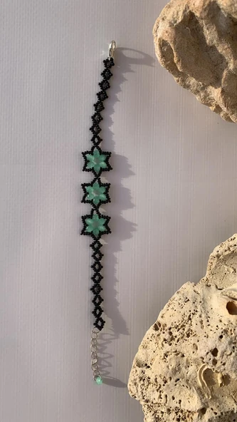 Su Yeşili Ve Siyah Renkli Yıldız Desenli Miyoki Boncuk Bileklik El Yapımı Hediyelik - 7