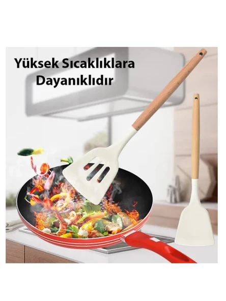 Ezere 11 Parça Silikon Uçlu Ahşap Saplı Mutfak Seti Ve Saklama Kutusu-KREM - 5
