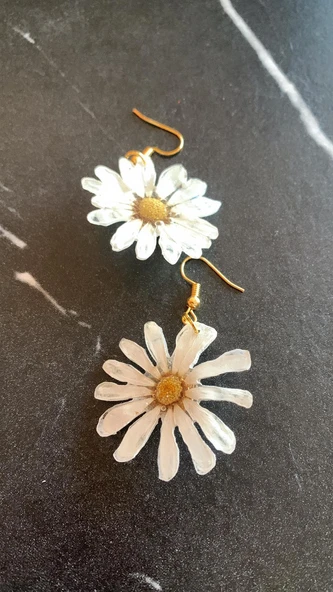 Kurutulmuş Beyaz Papatya İle Süslenmiş Papatya Şekil Gold Aksesuarlı Küpe Epoksi El Yapımı - Resim 3