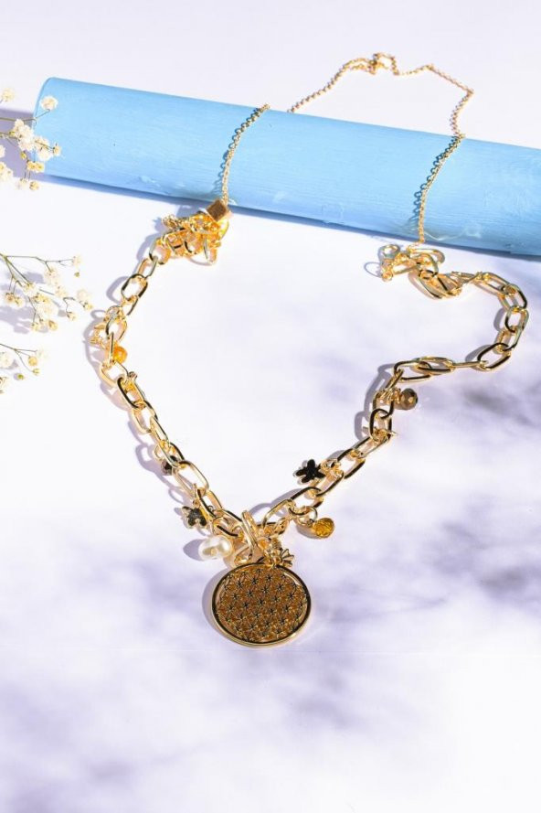 Gold Yaşam Çiçeği Madalyon Kolye, Charm Kolye, 2li Kolye Seti - 2