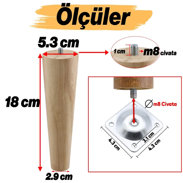 4 ADET Ahşap 18 cm Bağlantı Aparat Mobilya Koltuk Kanepe Berjer Ayağı Yükseltici Ayakları M8 Civata - 4